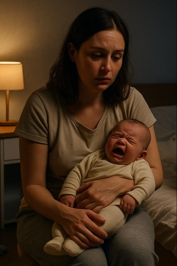 Woman holding a crying baby in a dimly lit room